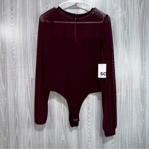Burgundy Bodysuit Sweetheart Neck Sheer‎ Bloused Flowy Sleeve Sz L Juniors  NWT